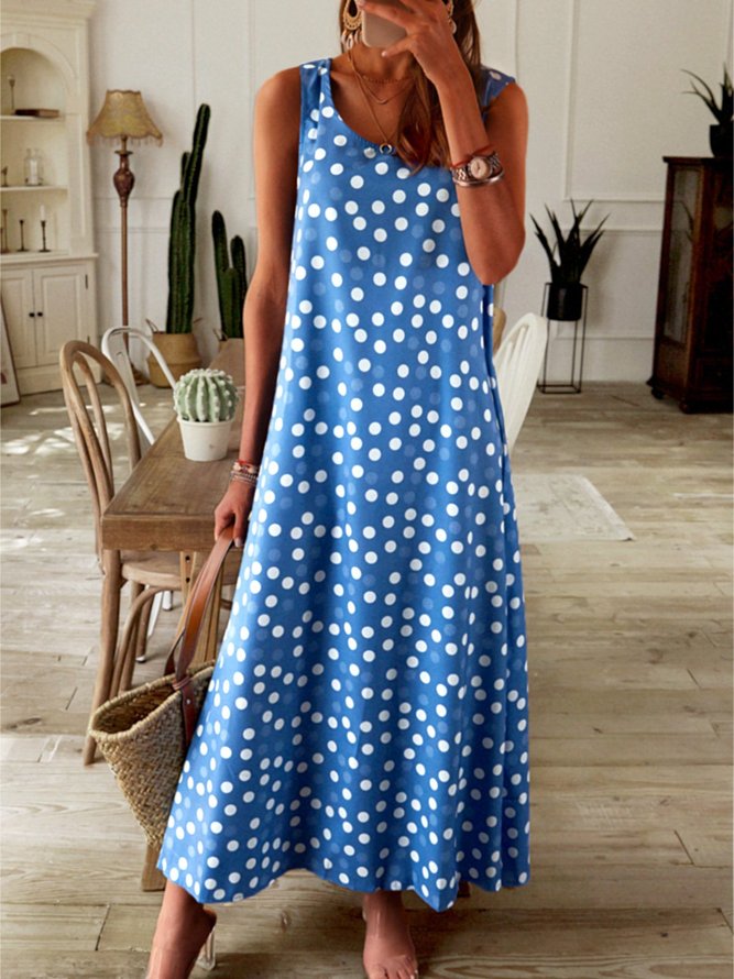 Round Neck Women Summer Weaving Dress Printed Polka Dots Midi Weaving Dress