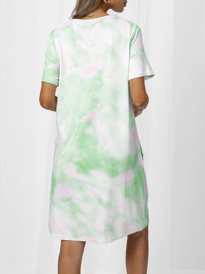 Crew Neck Cotton-Blend Short Sleeve Ombre/tie-Dye Knitting Dress