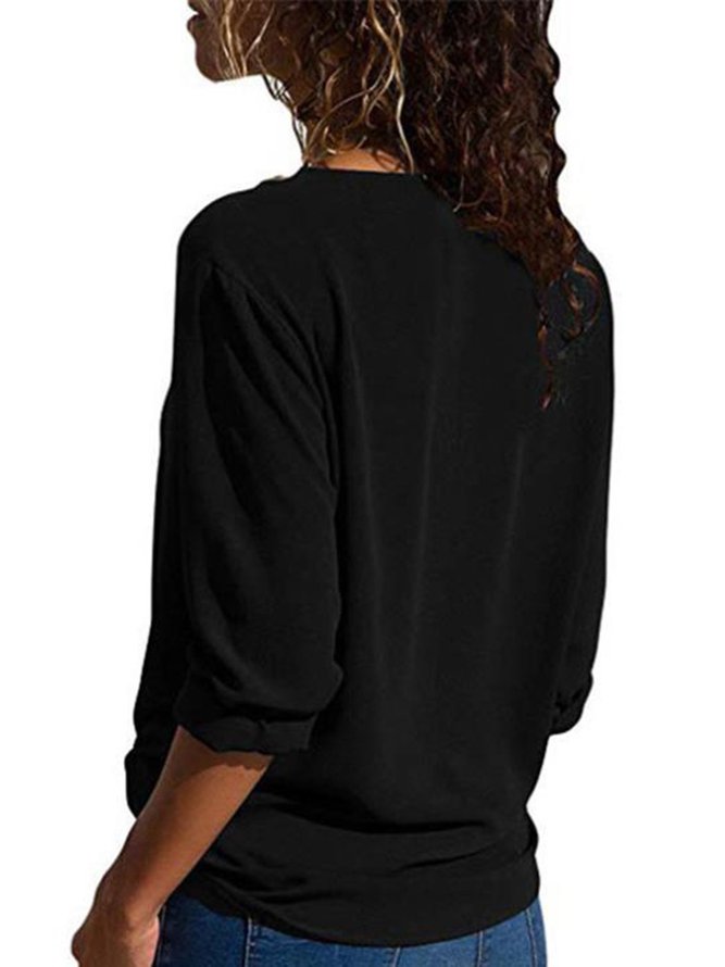 JFN V Neck Solid Color Casual Long Sleeve Blouse