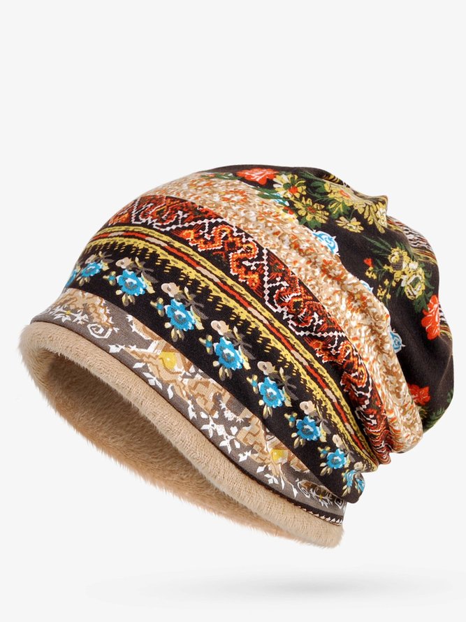 Womens Boho Ethnic Flower Print warm Fleece Dual Use Scarf Beanie hat