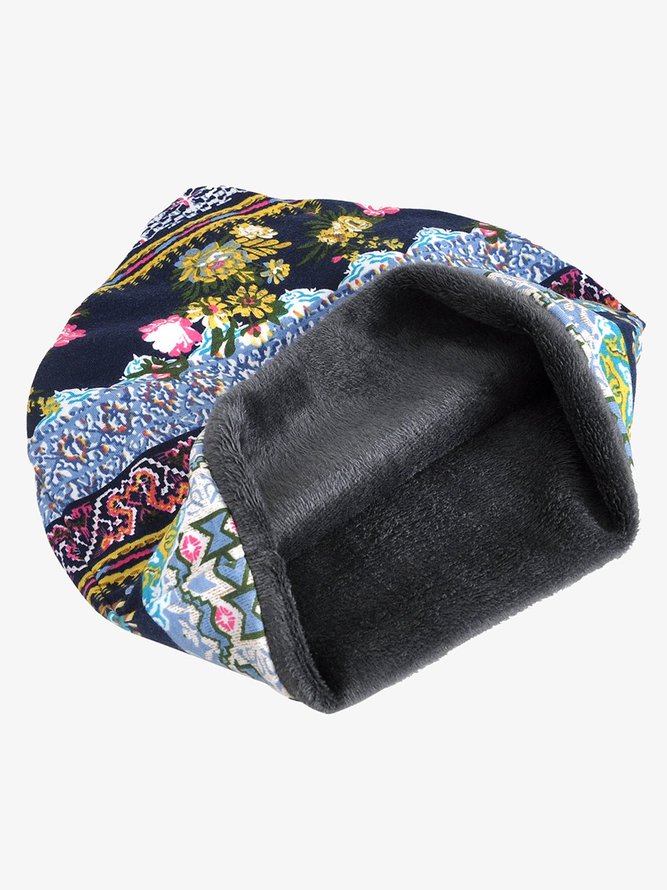 Womens Boho Ethnic Flower Print warm Fleece Dual Use Scarf Beanie hat