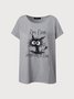 JFN Crew Neck Letter Cartoon Cat Casual T-Shirt