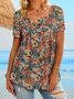 Holiday gradient flower half open button loose pleated top T-Blouse Plus Size tunic
