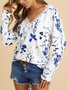 JFN V Neck Casual Floral Autumn Daily Long sleeve T-Shirt