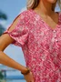 V Neck Floral Buttoned Elegant T-Shirt