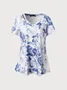 JFN V Neck Hollow Out Floral Casual Cotton-Blend Loose Tunic T-Shirt/Tee
