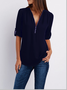 JFN V Neck Solid Zipper Casual Blouse