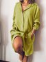 Pockets Buttoned Solid V Neck Shift Daily Cotton-Blend Weaving Dress