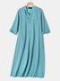 Solid Pockets Midi Dress 3/4 Sleeve Weaving Dress
