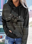 Black Cat Print Patchwork Striped Long Sleeve Hooded Sweatshirts