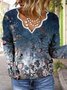 Women Casual Flowers Print V Neck Sweater