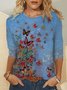 Crew Neck Shift Long Sleeve Butterfly Print Tops