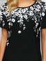 Floral  Short Sleeve  Printed  Cotton-blend  Crew Neck  Elegant  Summer  Black Top