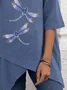 Dragonfly Print Decorative Button Round Neck Five-point Sleeve Loose Blouse
