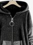 Women Plain Casual Zipper Button Long Sleeve Plush Hooded Coat
