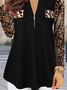 Long sleeve V-neck zipper leopard print top women's sweater