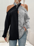 Long sleeve hanging neck off shoulder plain color stitching shiny gorgeous fabric party top Plus Size Gliter Sequins