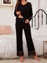 Casual Black Lace V-neck Long Sleeve Tops & Pant Sets