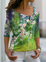Casual Vacation Floral Asymmetrical Neck Cotton Blends Long Sleeve T-shirt