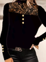 Black Sheer Lace Panel Sexy Elegant Top Plain Shirts & Tops