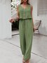Plain color no pattern nail buckle elastic waist rayon crepe army green upper and lower two-piece set Plus Size