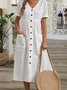 Beach Resort plain color patterned cotton hemp nail button pocket dress long Plus Size