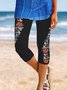 Flower Printed folk style pattern fit high elastic middle waist elastic waist bottomed Capri Pants Plus Size