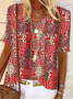 Women's Short Sleeve Blouse Summer Ethnic Crew Neck Vacation Going Out Casual Top Red