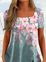 JFN Asymmetric Square Neck Floral Split Buttoned Casual Short Sleeve Tops T-shirt/Tee