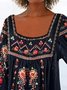 JFN Square Neck Tribal Ruched Three Quarter Vacation Tops