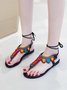 JFN Boho-Mexican Ethnic Contrast Beaded Ankle Lace-Up Thong Sandals