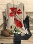 JFN Crew Neck Floral Casual Red Flower Batwing Sleeve Slit Top