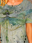 Summer Dragonfly Design Irregular Hem Knit Short Sleeve Top