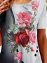 JFN Crew Neck Floral Casual Color Block Irregular Hem Knitted T-shirt Tunic Top