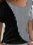 JFN Asymmetrical Neck Striped Color Block Basic Casual T-Shirt/Tee