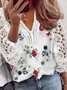 Women's Red Rose Print Floral Lace Cut Out Daily Long Sleeve Casual Blouse