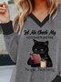 JFN V Neck Colorblock Animal Cat T-Shirt