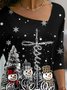 Women's Black long sleeve Tee Snowman Christmas Tree Printed