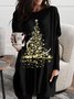 Women's Black Long Sleeve Dress Golden Christmas Tree Printed