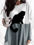 Cat print casual mid-length casual multi-pocket round neck knitted dress