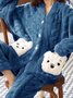 Flannel Cartoon Bear Big Pocket Pajamas Long Sleeve Pants Loungewear Set Plus Size