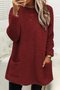 Women Plush Crew Neck Casual Thermal Loose H-line Midi Dress With Pocket