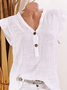 Cotton And Linen Regular Fit Casual V Neck Top