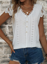 Women's Eyelet Tops Plain Hollow Out Tops Casual V Neck Linen Lace Breathable T-Shirt Buttoned White Casual T-Shirt