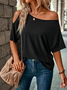 Solid Asymmetrical Neck  Loose Casual T-Shirt
