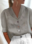 Loose Shawl Collar Buttoned Linen Short Sleeve Blouse