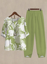 Casual Leaf Asymmetrical Collar Two-Piece Set Women's Linen Tops Shirts and Pants 2 Pieces Set Outfits Summer Loose 3/4 Sleeve Oversized Top Cropped Pants Set Linen Lounge Set