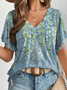 V Neck Casual Floral Knitted T-Shirt