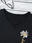 V Neck Daisy Letter & Floral Print Casual T-Shirt