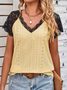 Vacation Geometric Contrast Lace Raglan Sleeve Eyelet Embroidery T-Shirt